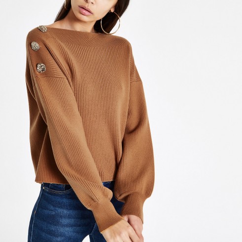 RIVER ISLAND Light brown boat neck button detail jumper – ribbed knit sweater