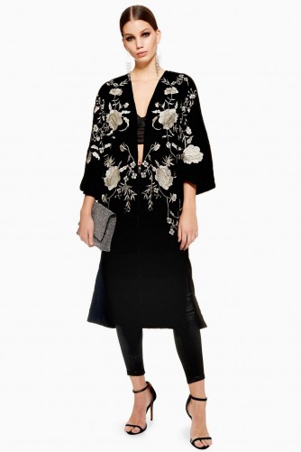 Topshop Longline Velvet Kimono in Black | floral kimonos