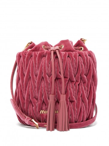 MIU MIU Matelassé-quilted pink velvet bucket bag ~ luxe bags