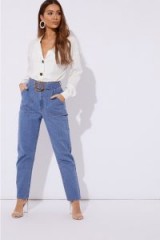 IN THE STYLE MAVRIC BLUE DENIM HORN BUCKLE DETAIL MOM JEANS ~ casual style