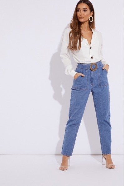 IN THE STYLE MAVRIC BLUE DENIM HORN BUCKLE DETAIL MOM JEANS ~ casual style - flipped
