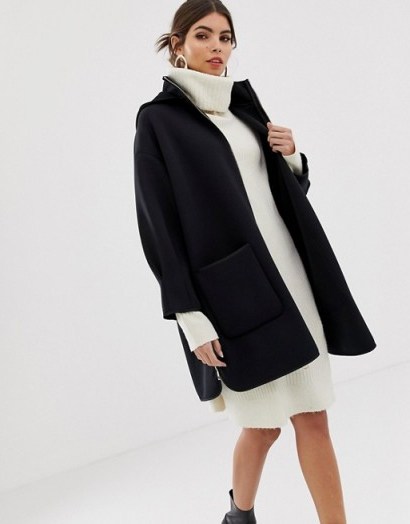 Max & Co neoprene hooded coat in midnight blue – chic coats - flipped