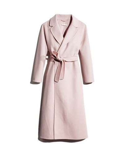Max Mara Esturia Wool Wrap Coat in Antique Rose ~ pale-pink classic tie waist coats - flipped