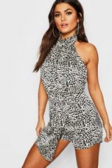 boohoo Mono Leopard High Neck Wrap Skort Playsuit ~ going out glamour