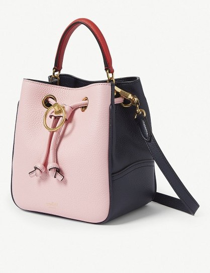 MULBERRY Hampstead small leather bucket bag in sorbet pink/blue ~ luxe colour block handbag - flipped