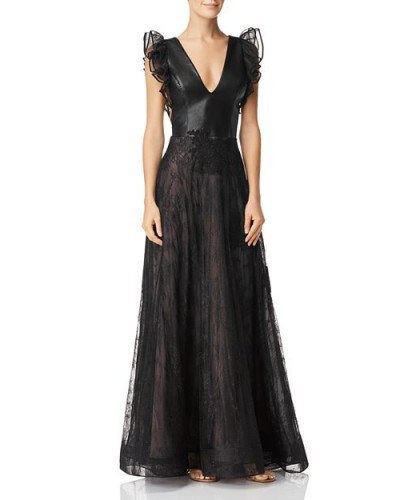 Nha Khanh Black Faux-Leather & Lace Gown ~ plunge front event wear - flipped