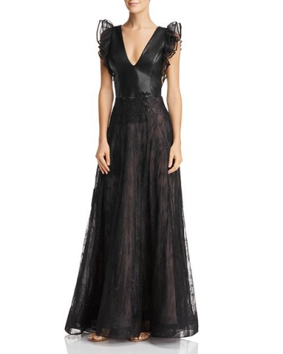 Nha Khanh Black Faux-Leather & Lace Gown ~ plunge front event wear