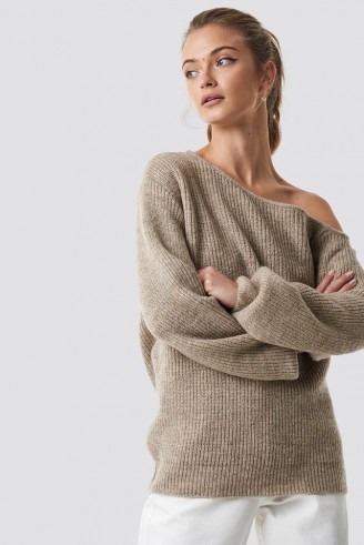 Camille Botten x NA-KD Off Shoulder Oversize Sweater in beige