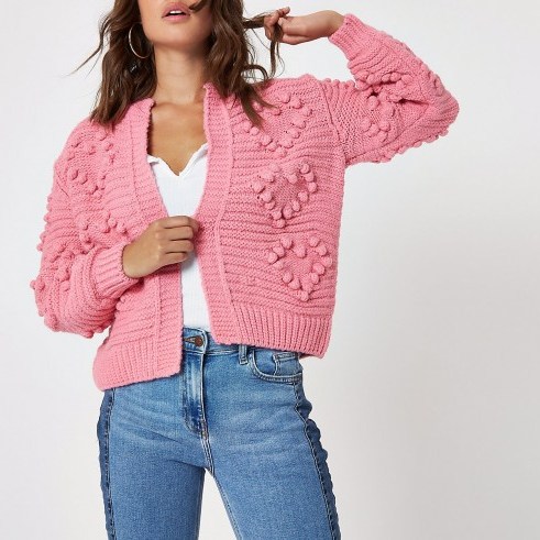 River Island Pink bobble heart knit cardigan – pretty knitwear - flipped