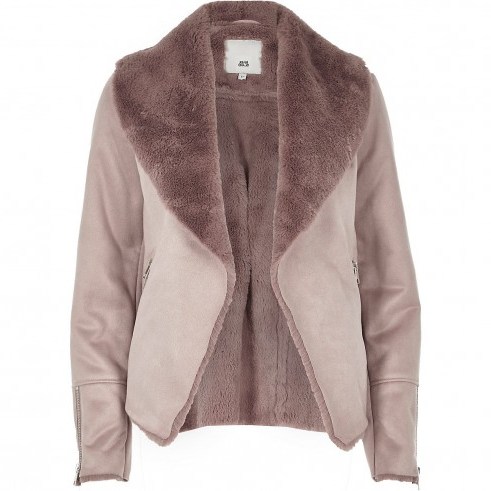River Island Pink fallaway faux suede jacket | fur collar winter jackets - flipped