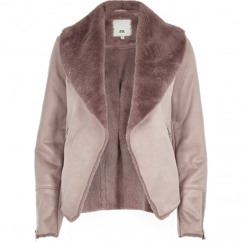 River Island Pink fallaway faux suede jacket | fur collar winter jackets
