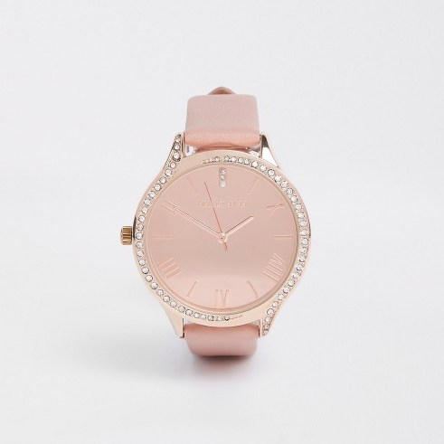 RIVER ISLAND Pink rose gold tone diamante round face watch – embellished watches - flipped