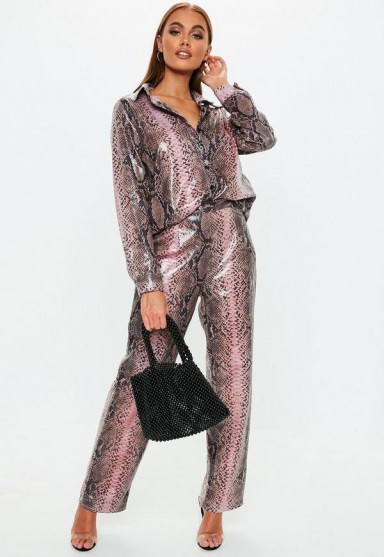 MISSGUIDED pink snake print vinyl wide leg trousers