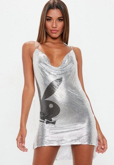 playboy x missguided silver chainmail metallic cowl mini dress – backless party dresses – going out glamour - flipped