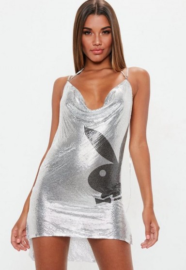 playboy x missguided silver chainmail metallic cowl mini dress – backless party dresses – going out glamour