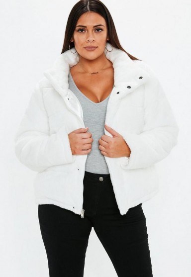 MISSGUIDED plus size cream faux fur puffer jacket – curvy winter coats - flipped