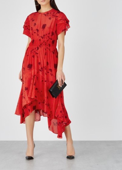 PREEN LINE Esther red and bordeaux printed satin dress ~ ruffled event clothing - flipped