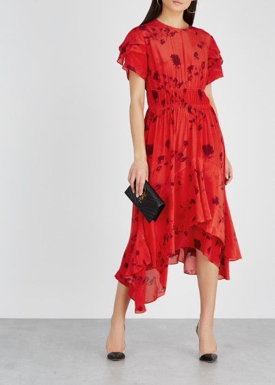 PREEN LINE Esther red and bordeaux printed satin dress ~ ruffled event clothing