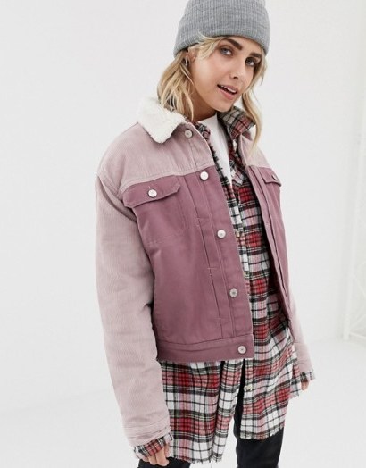 Pull&Bear cord burg collar jacket in Pink | colour block corduroy - flipped