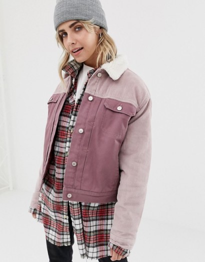 Pull&Bear cord burg collar jacket in Pink | colour block corduroy