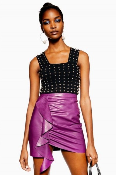 Topshop Ruched Purple Leather Mini Skirt | ruffled detail skirts - flipped