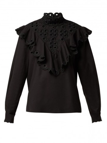FENDI Ruffle broderie-anglaise black cotton blouse - flipped