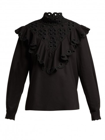 FENDI Ruffle broderie-anglaise black cotton blouse