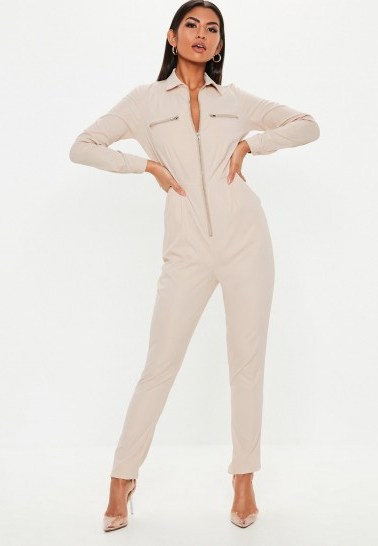 MISSGUIDED sand zip long sleeve utility jumpsuit ~ my effortless casual style - flipped