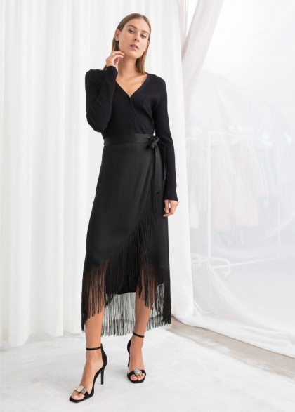 & other stories Satin Fringe Wrap Skirt – black / fringed evening skirts