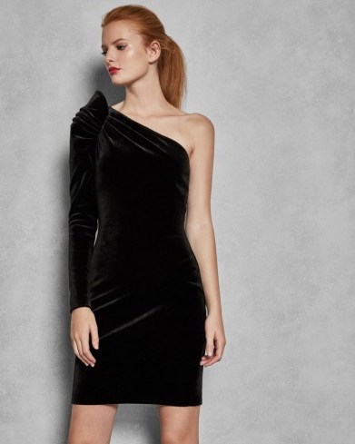 TED BAKER AWWTUM Sculpted one shoulder dress in black / ruched party dresses - flipped