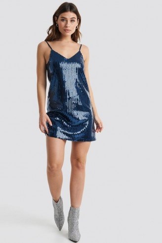Linn Ahlborg x NA-KD Sequin Slip In Dress Navy ~ shiny blue going out dresses - flipped