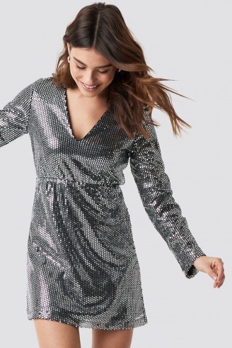 Linn Ahlborg x NA-KD Sequin V-neck Mini Dress Silver ~ bling party dresses