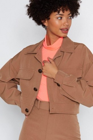 NASTY GAL Set Your Mind At Ease Cropped Jacket in Camel – casual brown jackets - flipped