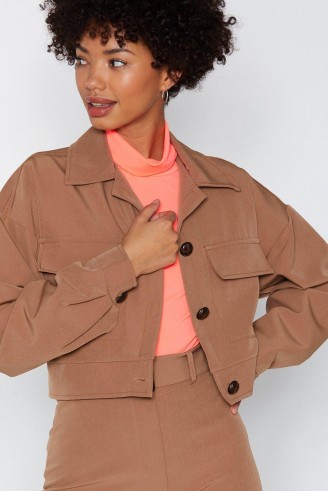 NASTY GAL Set Your Mind At Ease Cropped Jacket in Camel – casual brown jackets