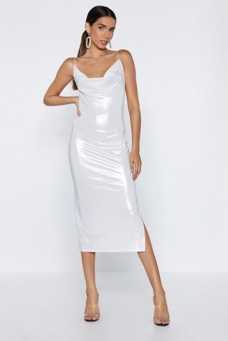 NASTY GAL Shine Waits For No One Cowl Dress in nude – shiny party dresses - flipped