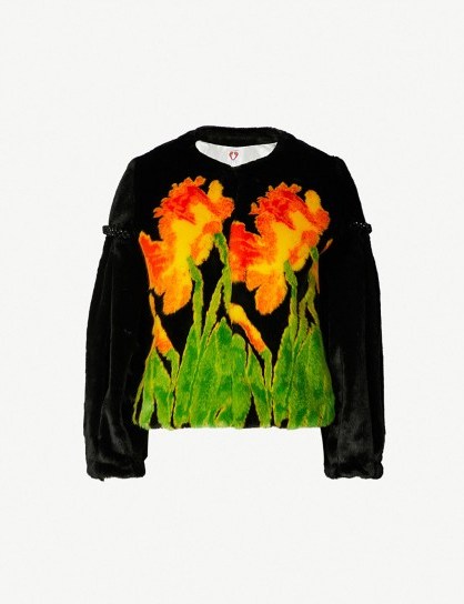SHRIMPS Black daffodil-print faux-fur jacket ~ luxe floral jacket - flipped