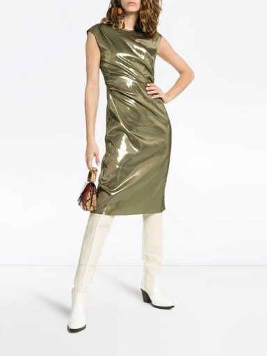 SIES MARJAN Edie Laminated Wrap Dress in Olive | metallic green party fashion - flipped