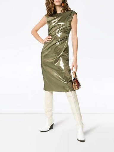 SIES MARJAN Edie Laminated Wrap Dress in Olive | metallic green party fashion