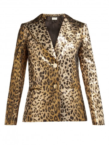 SARA BATTAGLIA Single-breasted leopard-print gold lamé jacket ~ 80s glamour