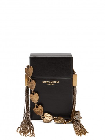 SAINT LAURENT Smoking Box minaudière black leather cross-body bag with hammered heart charm strap ~ small luxe bags