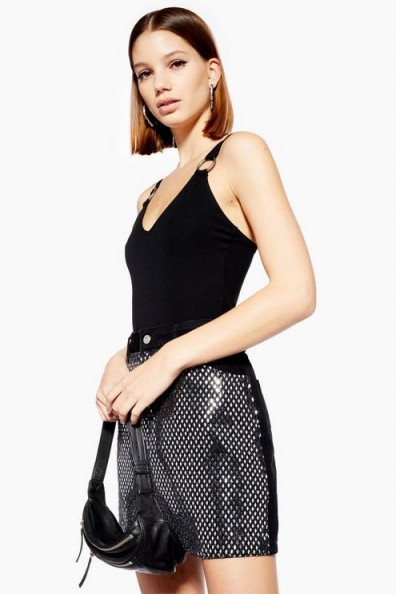 Topshop Sparkle Front Denim Skirt in Black | embellished mini