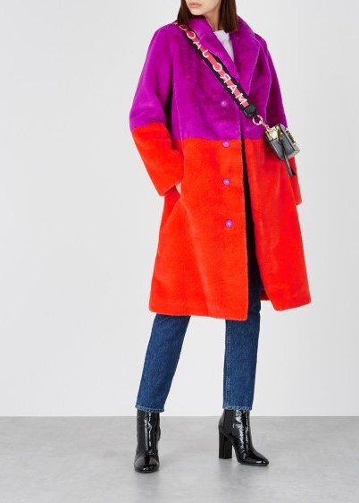 STAND Maribel colour-block faux fur coat in purple and red ~ bright winter coats - flipped