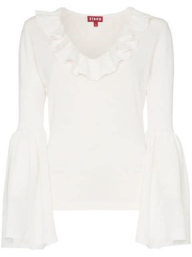 STAUD goldbar ruffle detail cotton top in white | flared sleeve tops