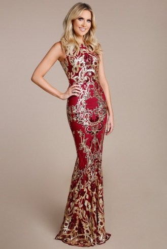 STEPHANIE PRATT SEQUIN MAXI DRESS WITH SCALLOPED HEM in WINE – glamorous red occasion gown - flipped