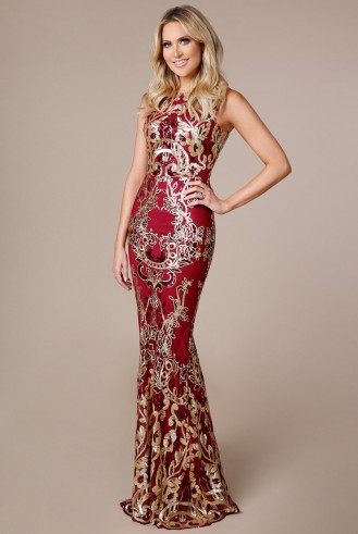 STEPHANIE PRATT SEQUIN MAXI DRESS WITH SCALLOPED HEM in WINE – glamorous red occasion gown