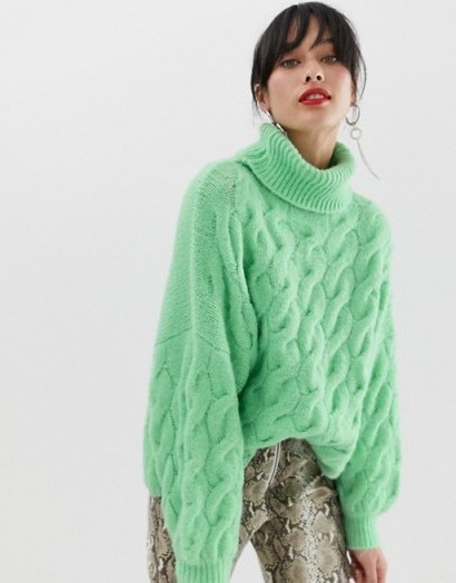 Stradivarius cable roll neck jumper in green | chunky drop shoulder sweater - flipped