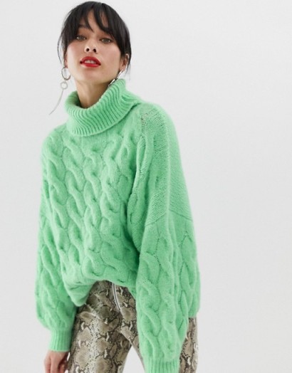 Stradivarius cable roll neck jumper in green | chunky drop shoulder sweater