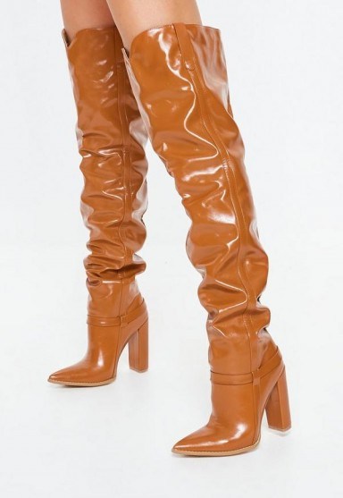 MISSGUIDED tan block heel faux leather thigh high boots ~ light-brown slouchy boots - flipped