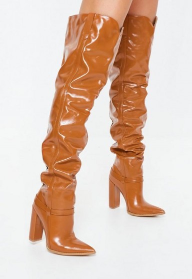 MISSGUIDED tan block heel faux leather thigh high boots ~ light-brown slouchy boots