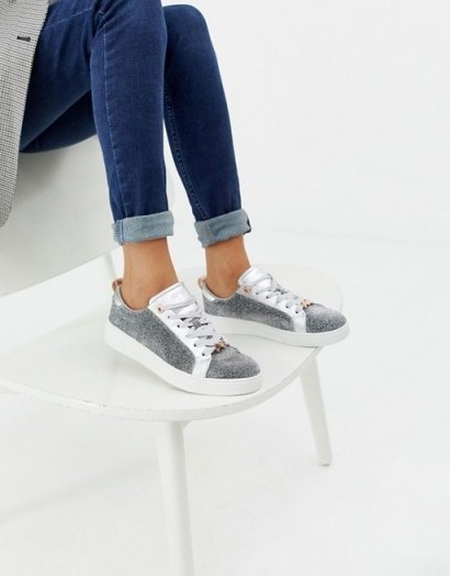 Ted Baker silver sparkle trainers – sports luxe shoes - flipped
